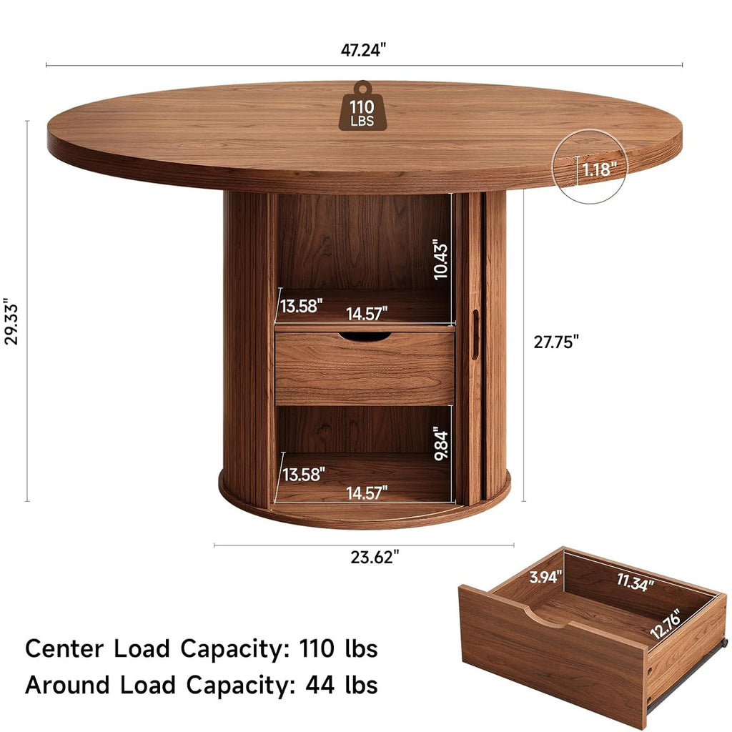 Round Farmhouse Dining Table for 4 to 6 with Storage