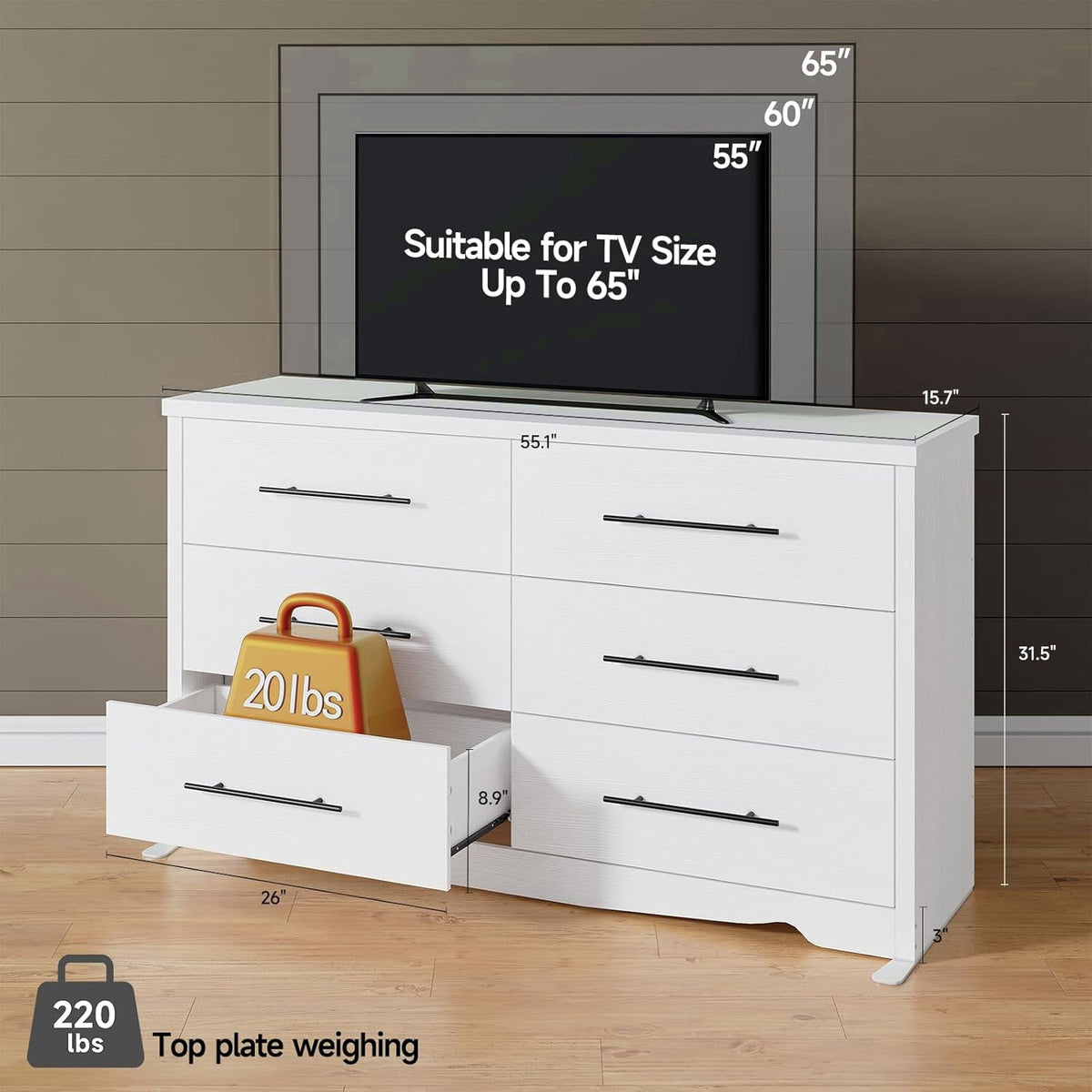 55 Inch 6-Drawer Dresser with Metal Handles