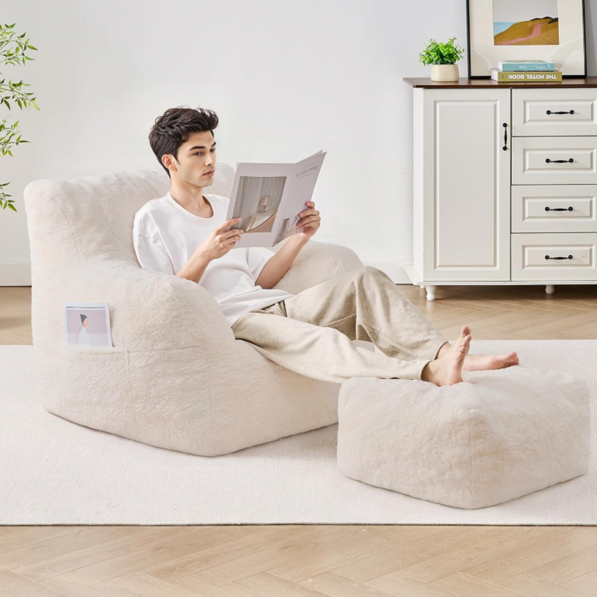 Giant Bean Bag Chair with Ottoman and Faux Fur Cover
