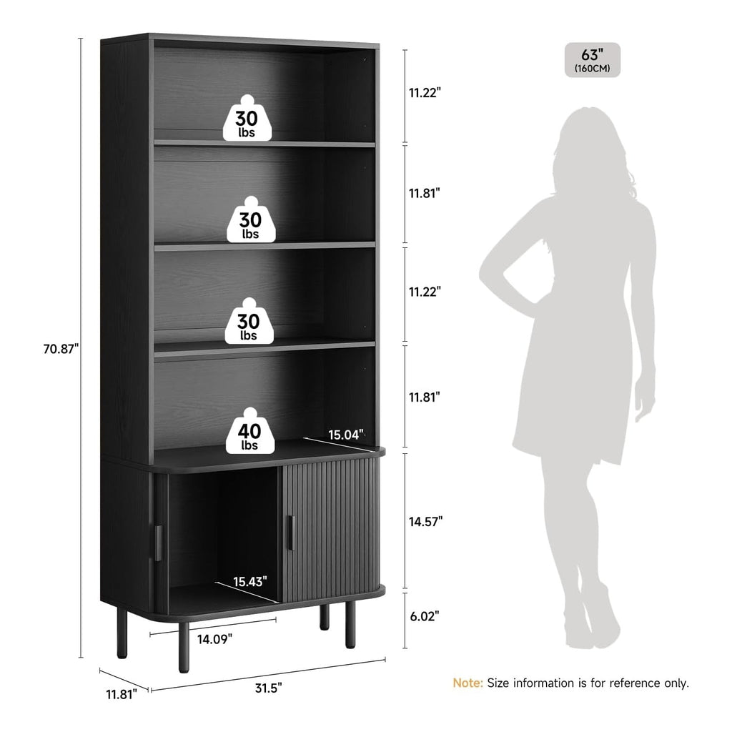 71 Inch 4-Tier Tall Bookcase with Sliding Door Cabinet
