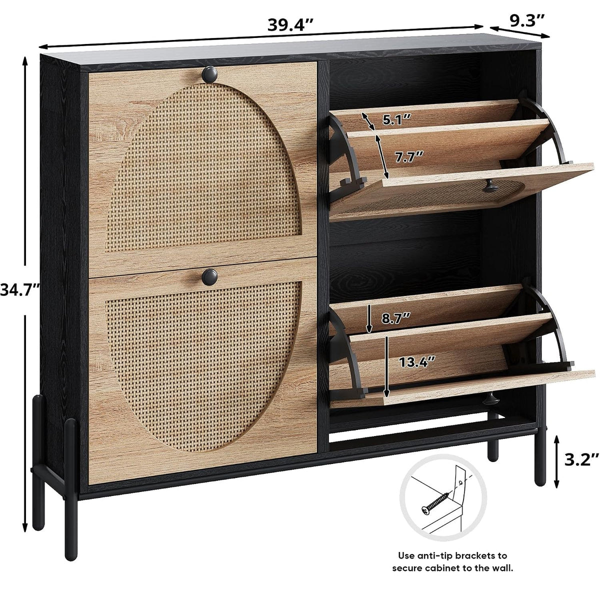 Shoe Storage Cabinet with 4 Rattan Flip Drawers