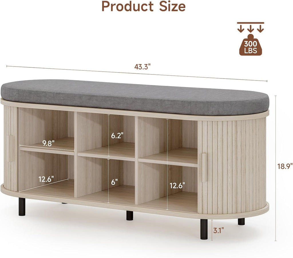 43-Inch Shoe Storage Bench with Cushion and Sliding Door