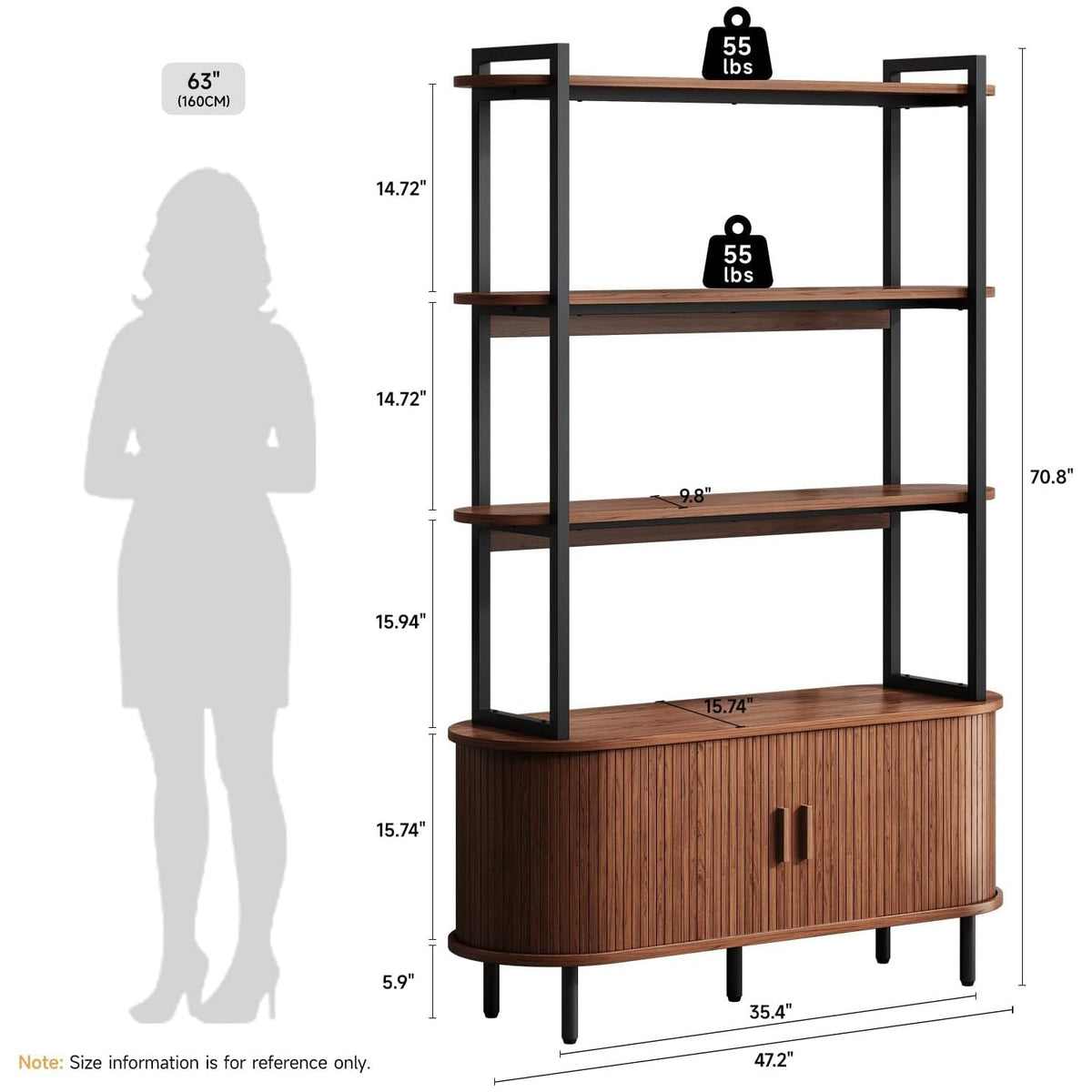 47 Inch Bookshelf with Sliding Doors and Metal Frame