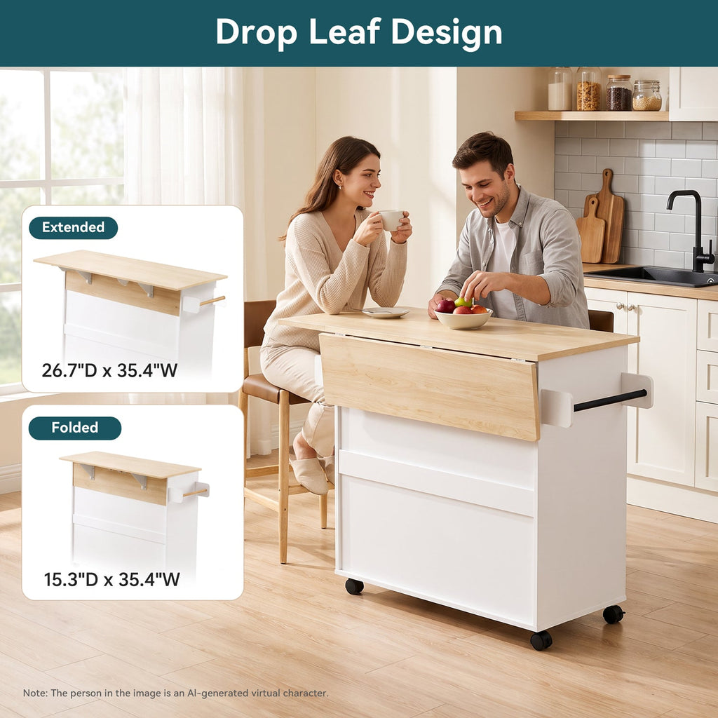 Rolling Kitchen Island with Drop Leaf and Outlet