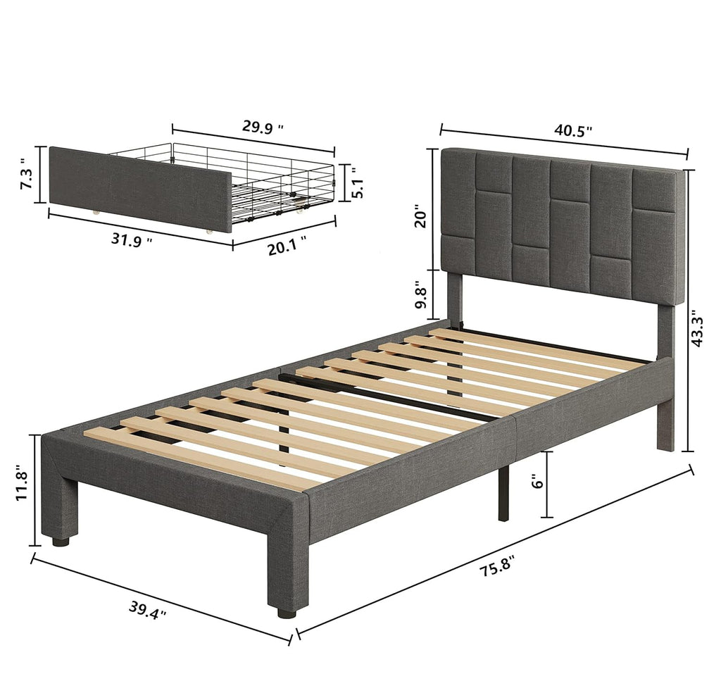 Twin Upholstered Platform Bed with Under-Bed Drawer