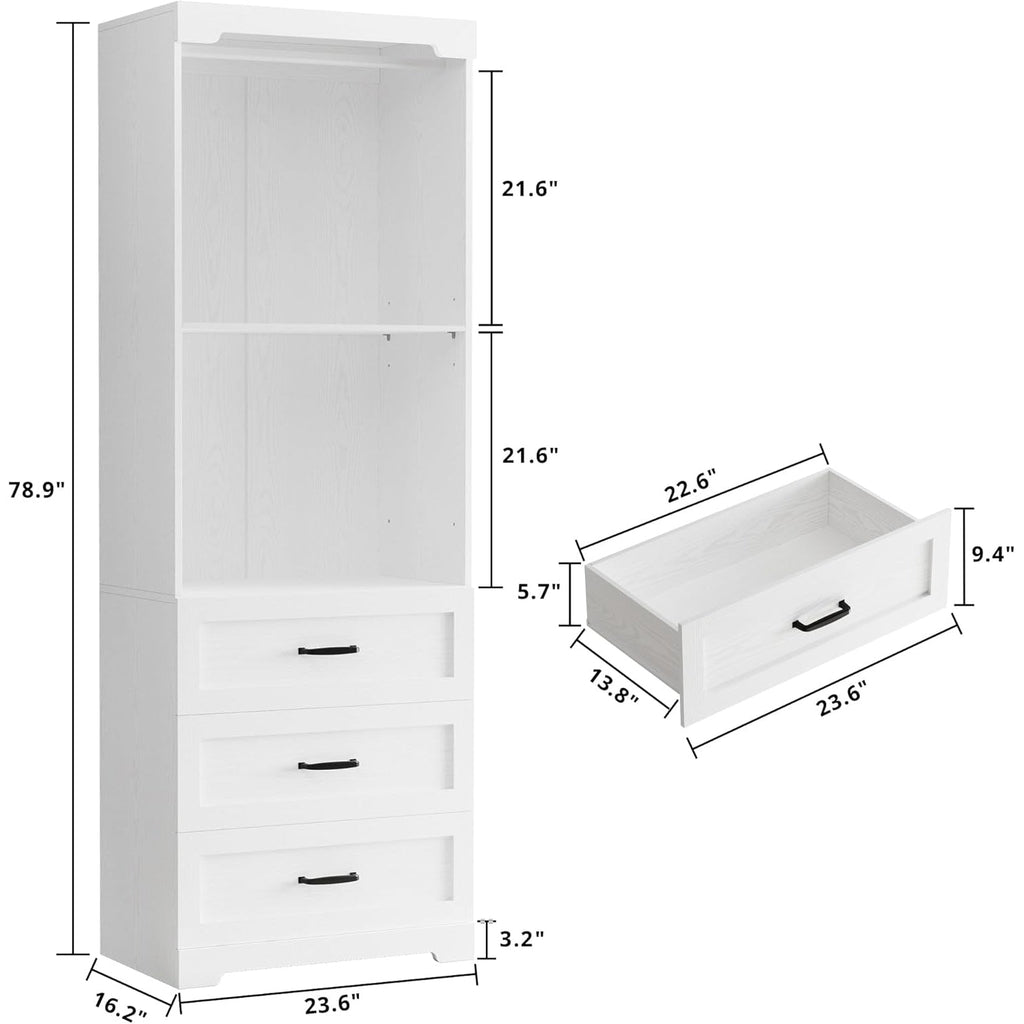Freestanding Closet System with 3 Drawers and Rod