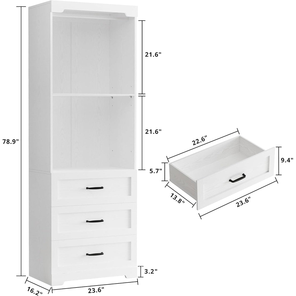Freestanding Closet System with 3 Drawers and Rod