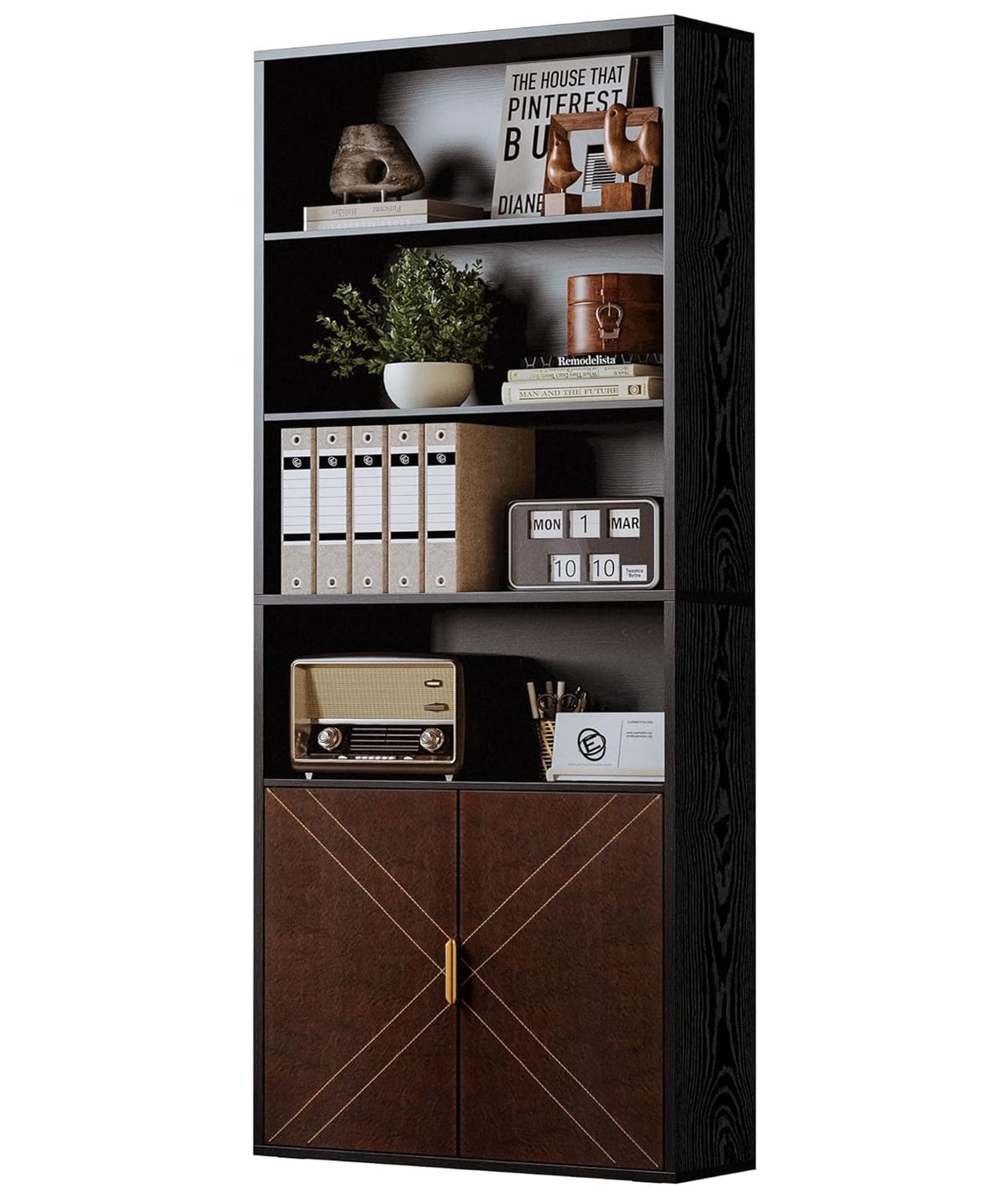 70 Inch Tall Bookshelf with Leather Doors, 6-Tier