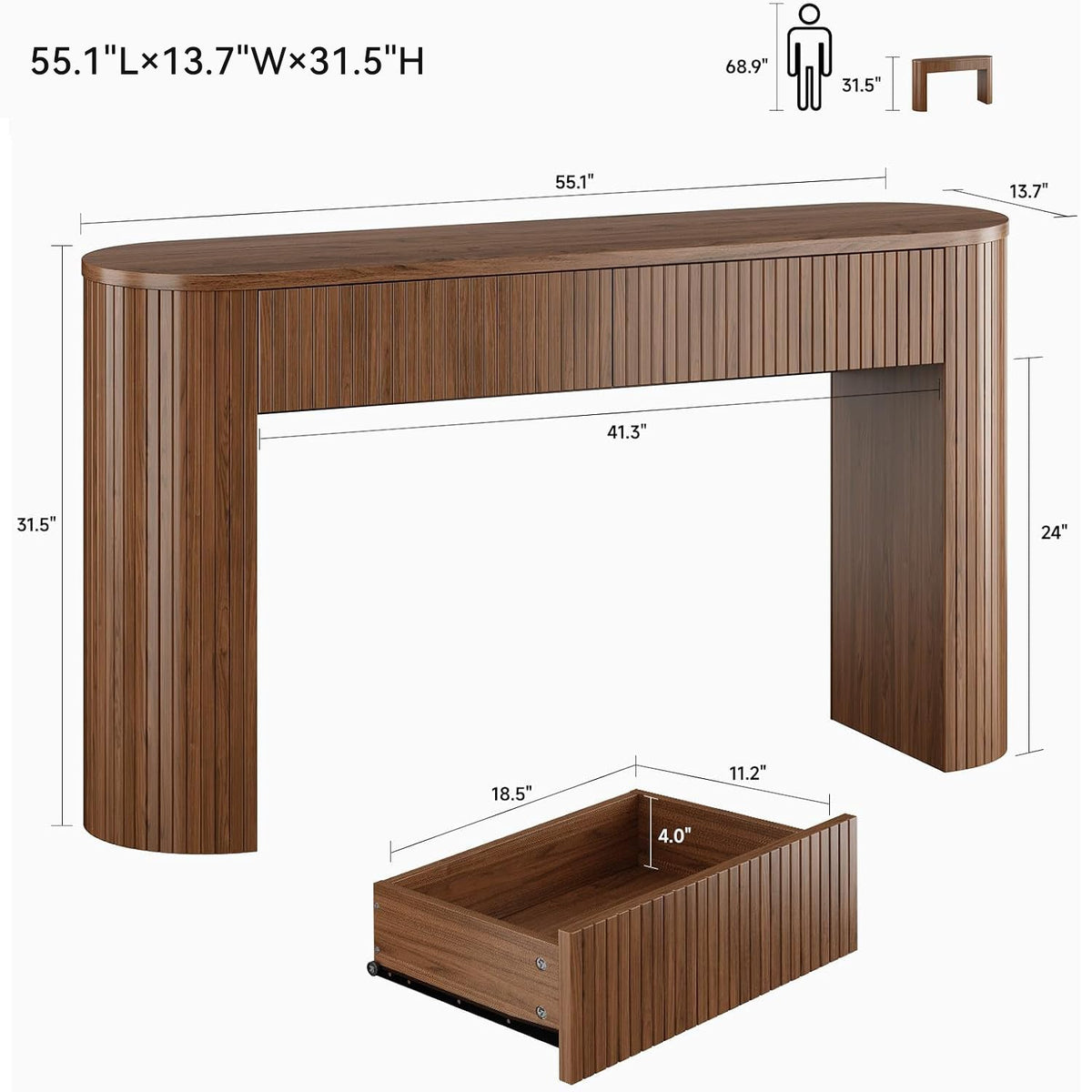 55-Inch Fluted Oval Console Table with 2 Drawers