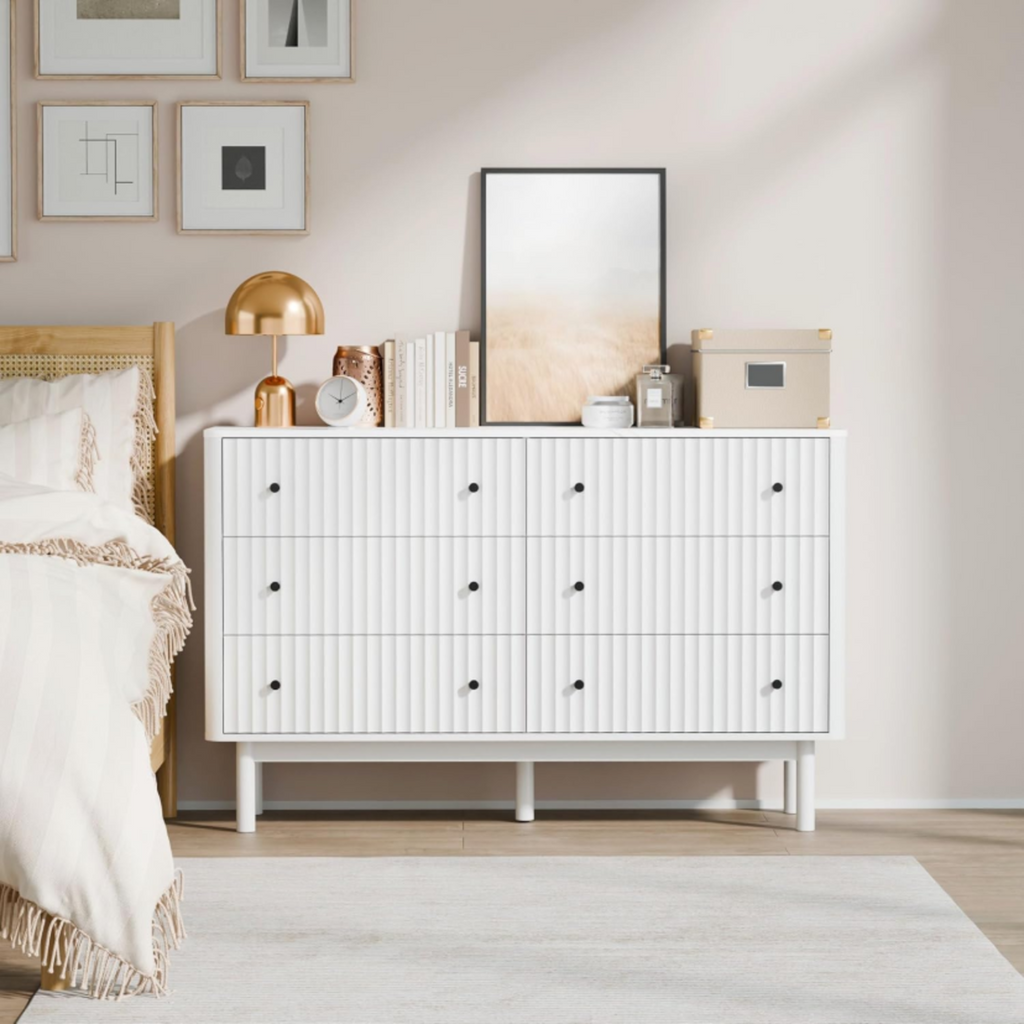 6-Drawer 54-Inch Fluted Dresser with Faux Marble Top
