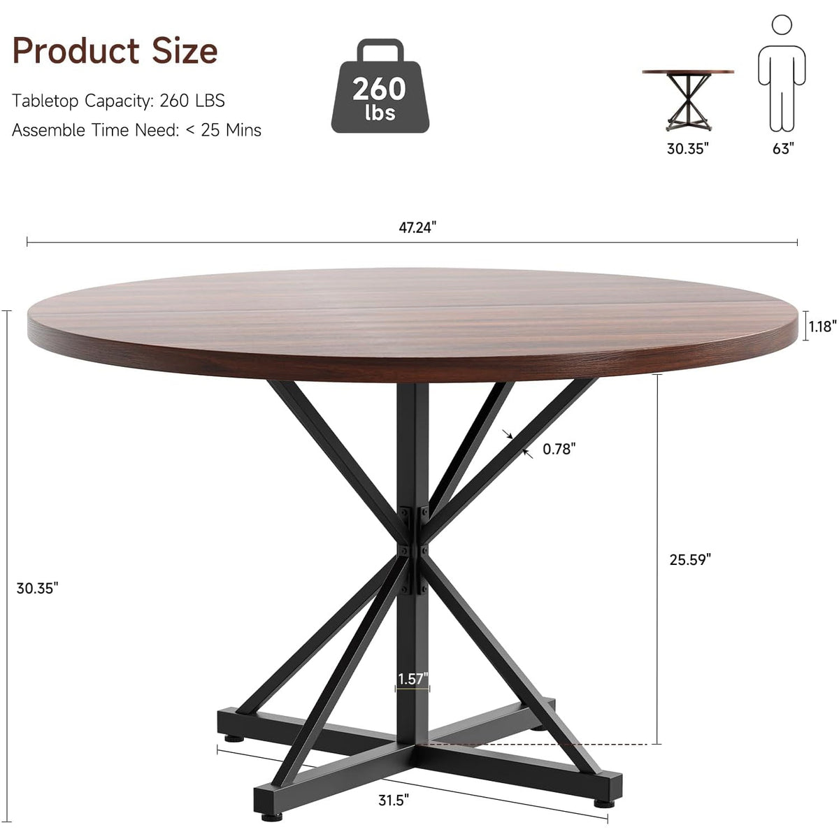 47 Inch Round Dining Table with Pedestal Base