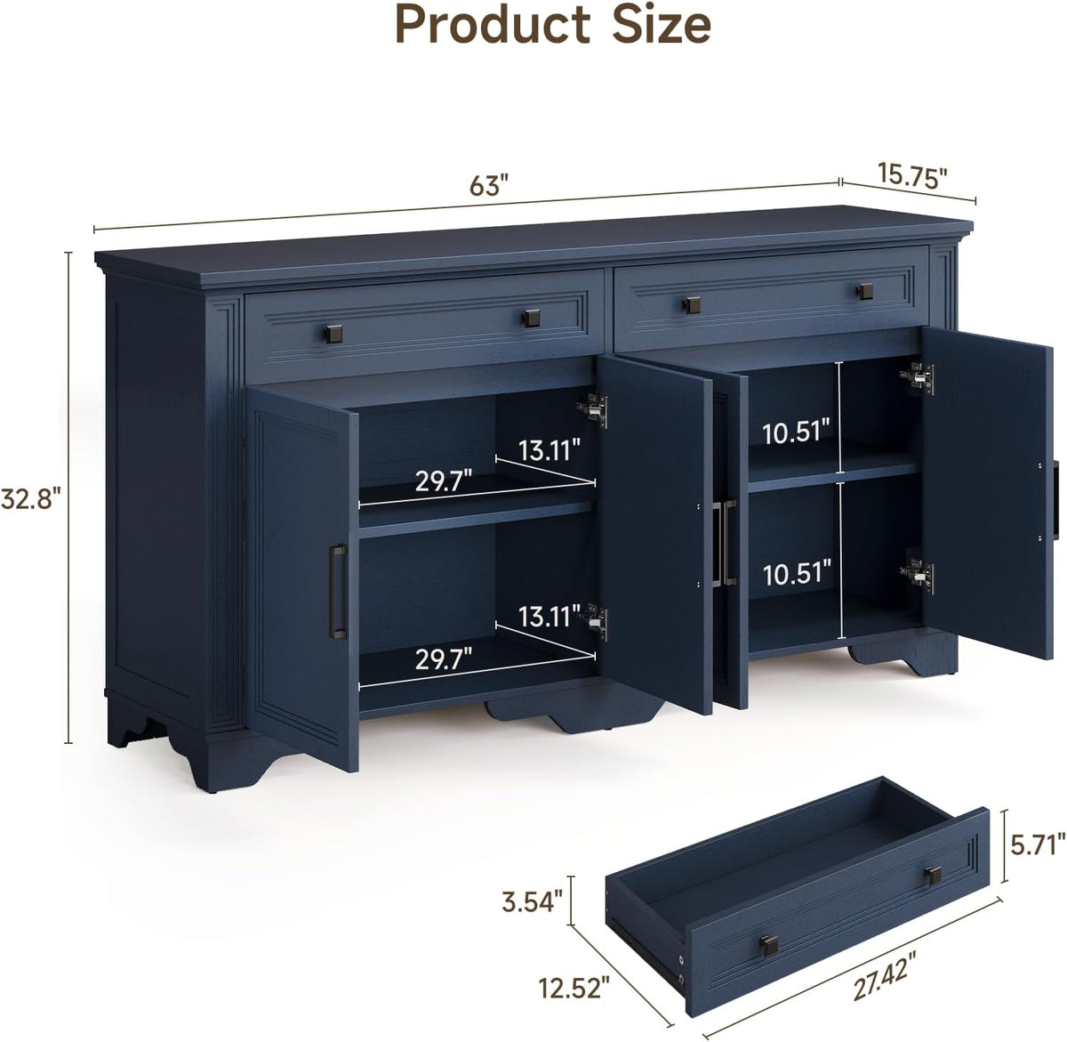63 Inch Kitchen Sideboard Buffet with Drawers and Doors