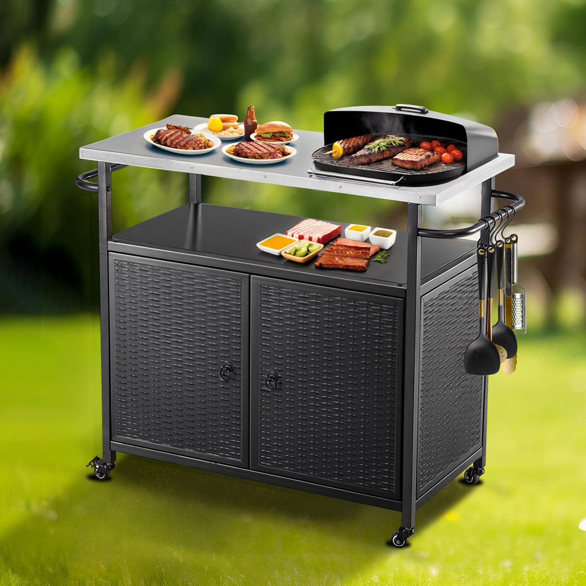 Outdoor Grill Cart with Cabinet and 3 Shelves on Casters