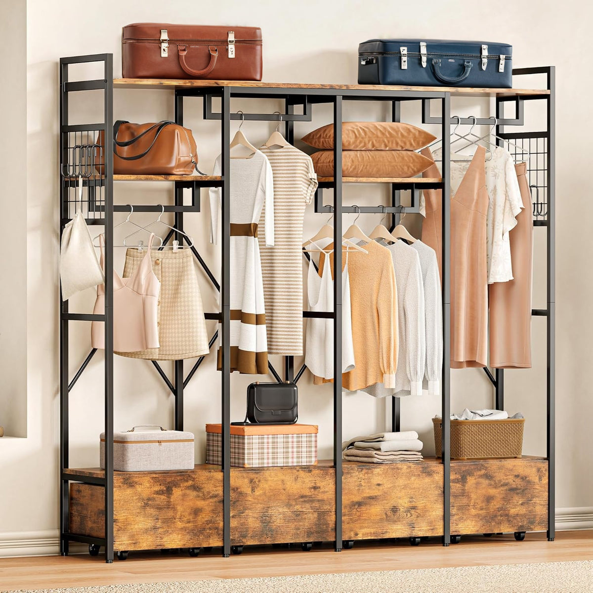 Industrial Garment Rack with 4 Wooden Drawers