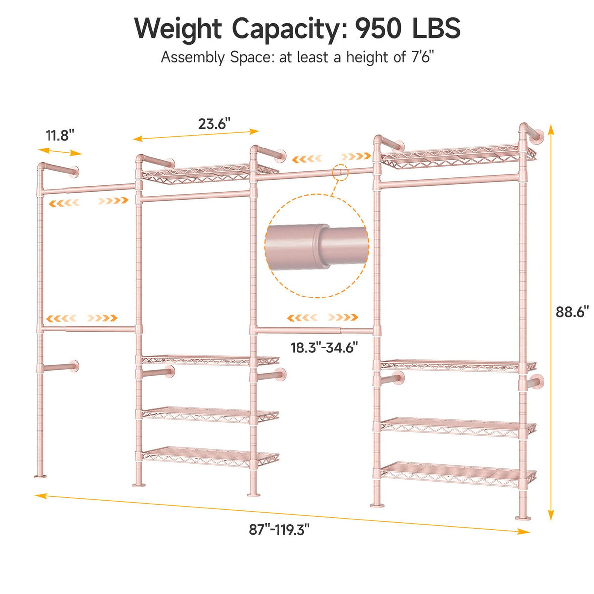 Wall Mounted Closet System with 4 Rods and 8 Shelves