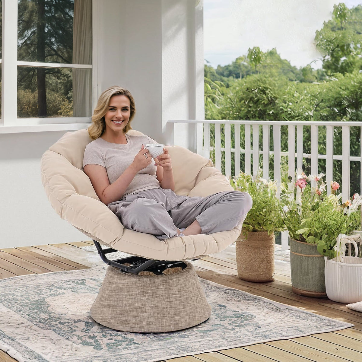 Oversized Papasan Chair with Cushion, 360° Swivel