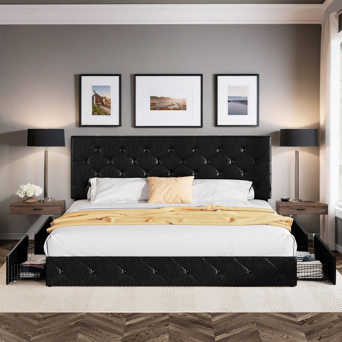 Faux Leather Bed Frame with 4 Storage Drawers