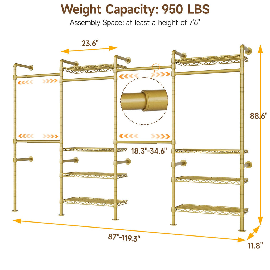 Wall Mounted Closet System with 4 Rods and 8 Shelves