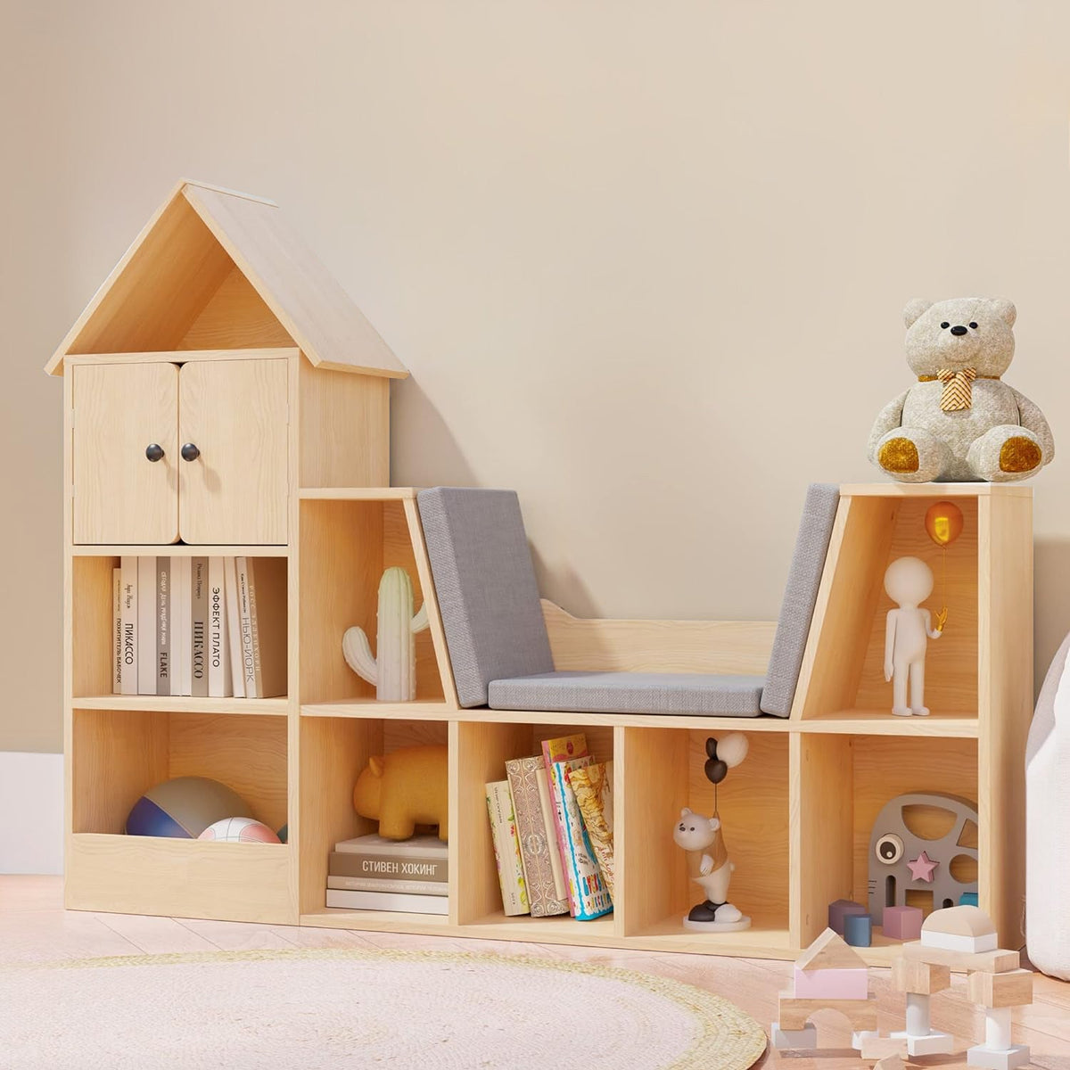 Kids Wooden Bookshelf with Reading Nook and Cushions