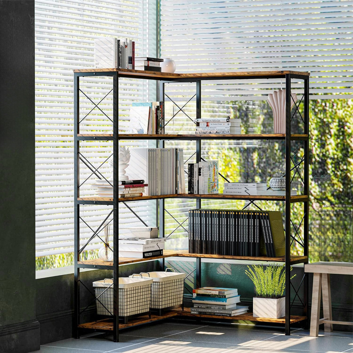 Corner Bookshelf 5 or 6 Tier Industrial Bookcase