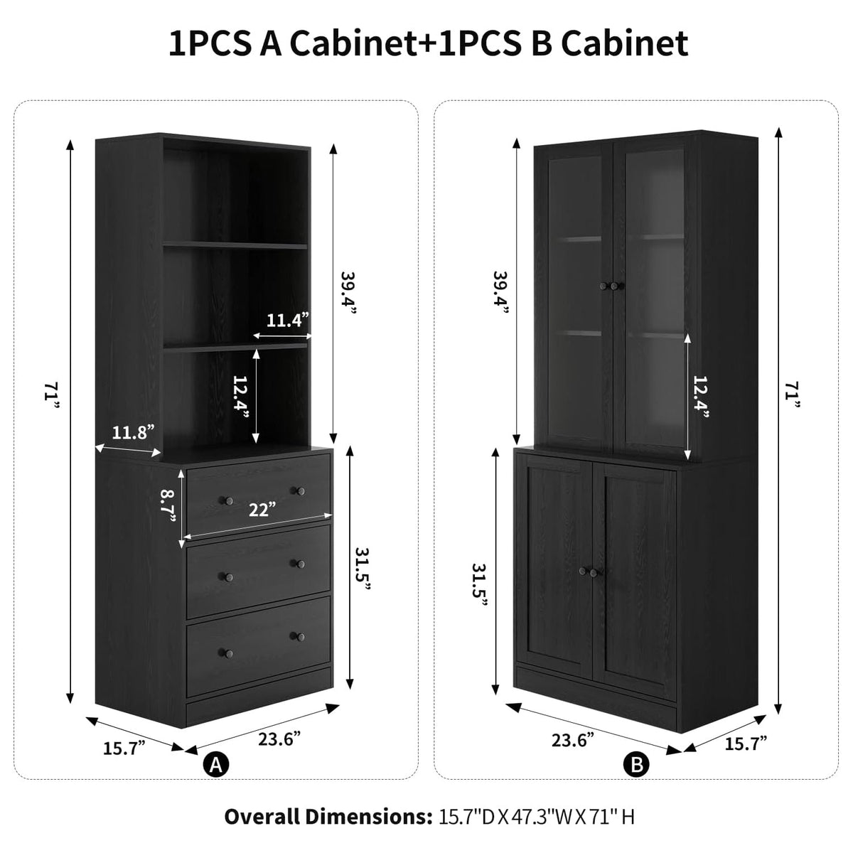 2-Piece 71" Bookcase Set with Glass Door Cabinet