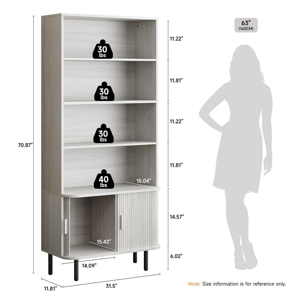 71 Inch 4-Tier Tall Bookcase with Sliding Door Cabinet