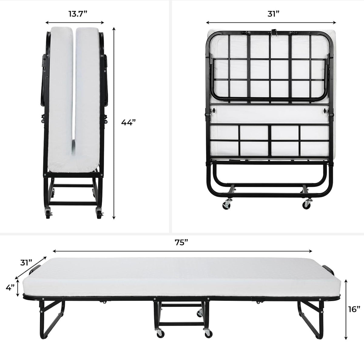 Portable Folding Rollaway Bed with Mattress, 75 x 31 Inch