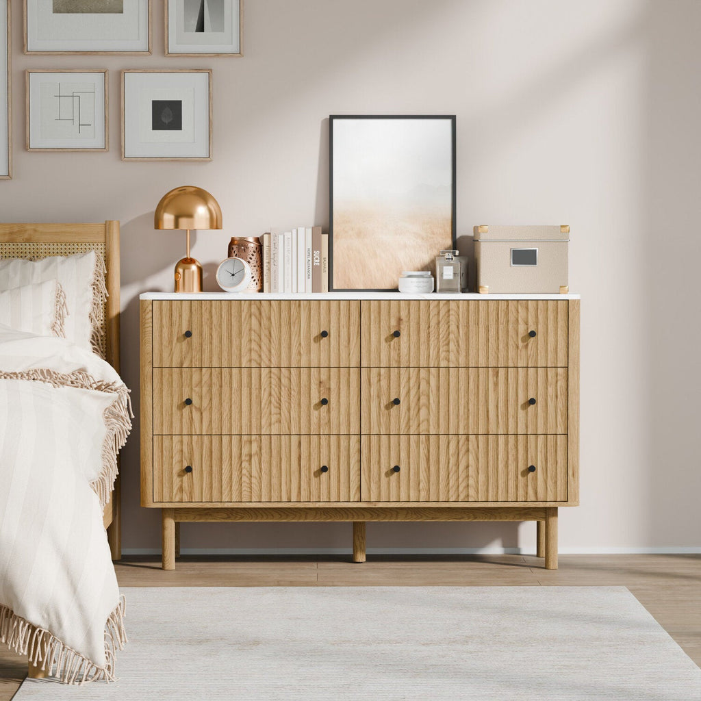 6-Drawer 54-Inch Fluted Dresser with Faux Marble Top
