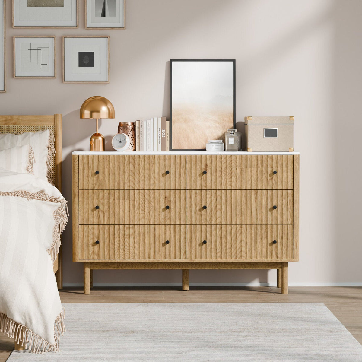 6-Drawer 54-Inch Fluted Dresser with Faux Marble Top