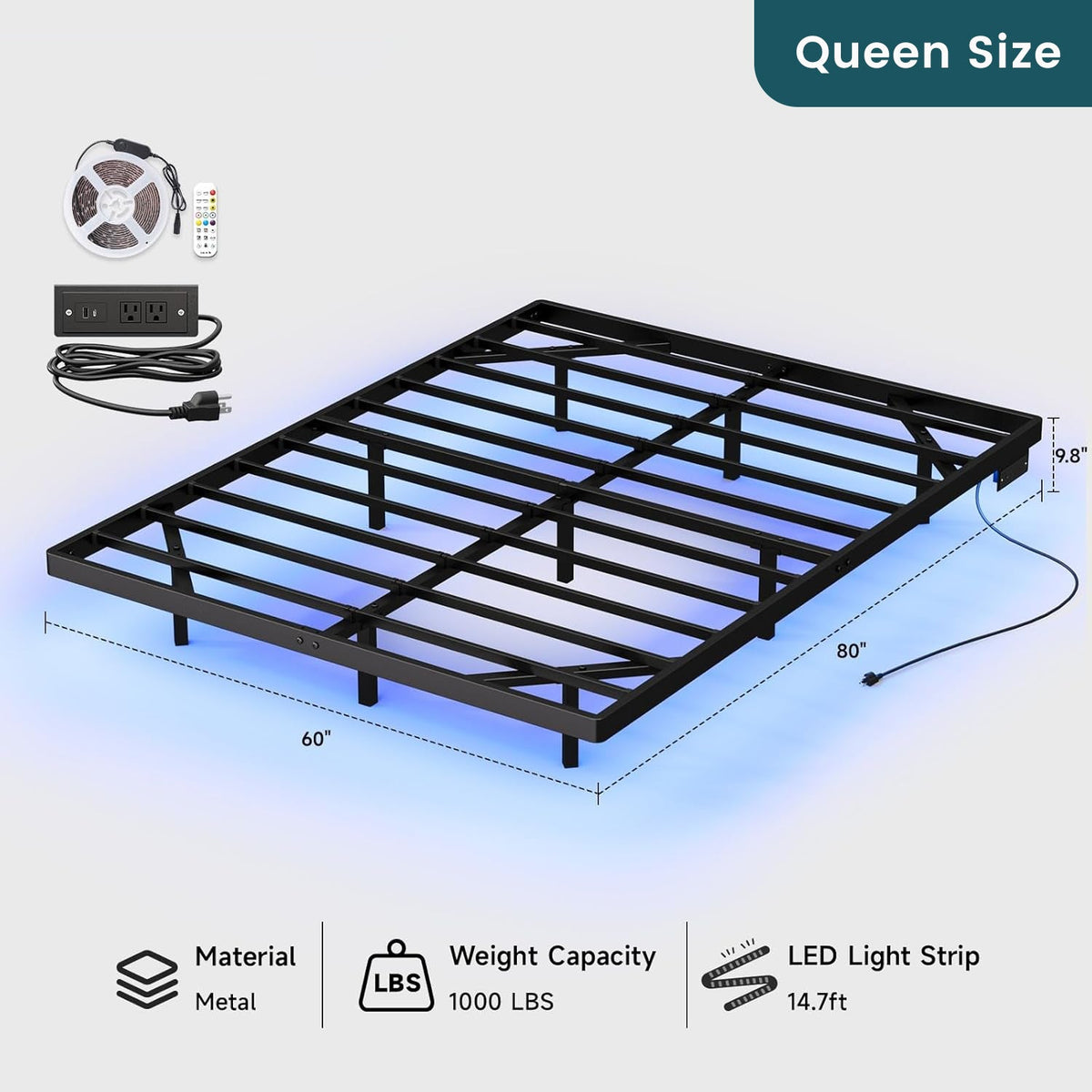 Floating Metal Platform Bed Frame with LED Lights