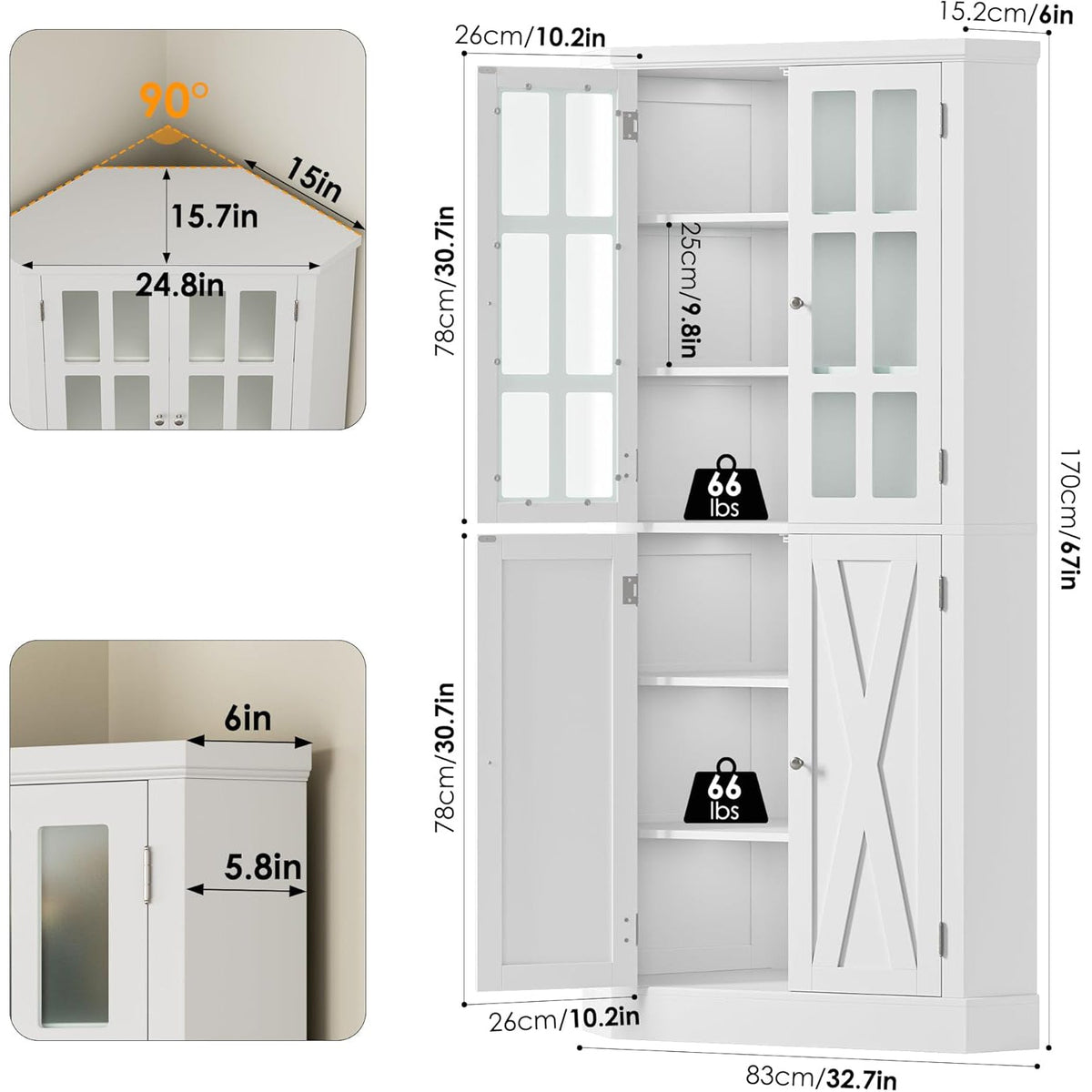 67 in Farmhouse Corner Kitchen Cabinet