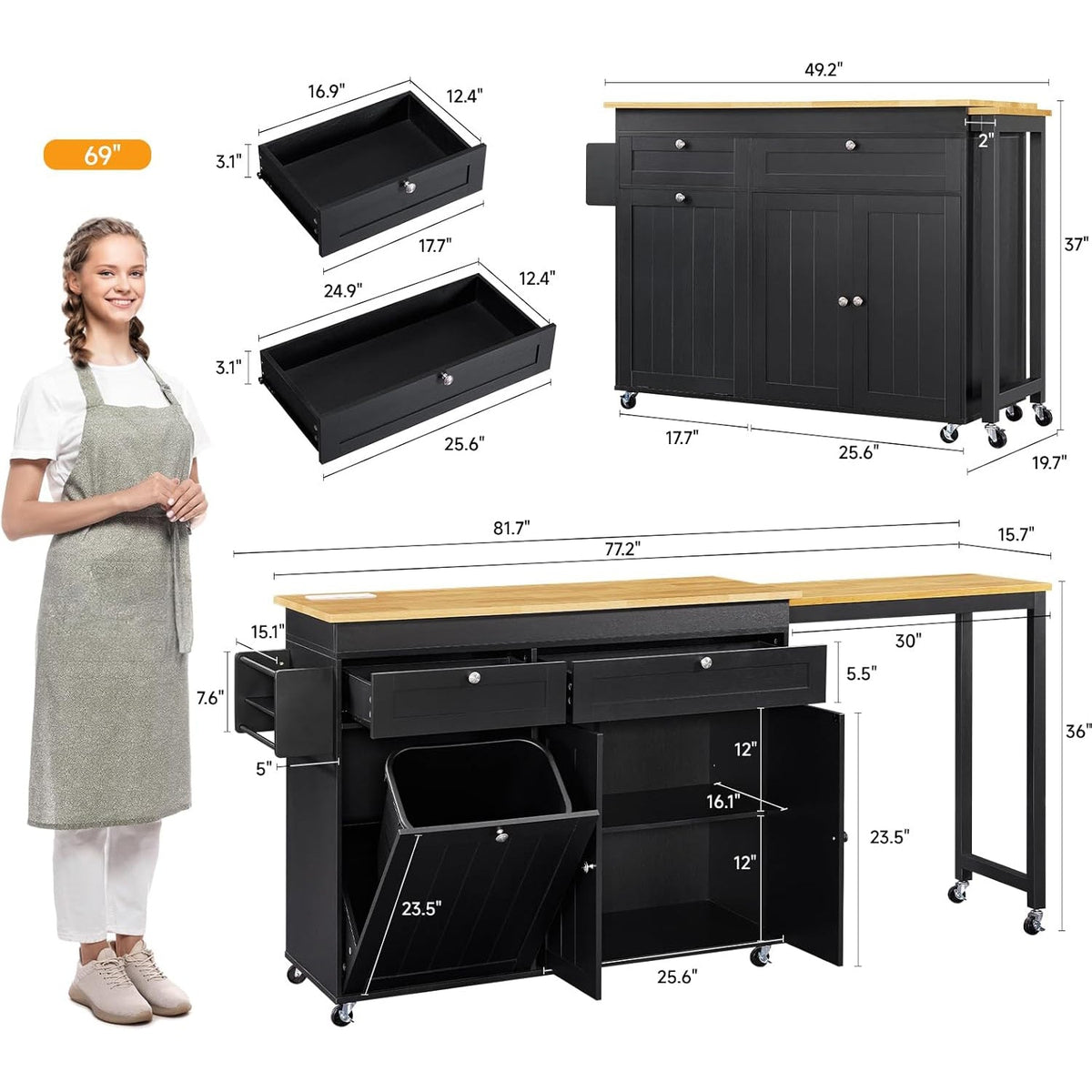 Kitchen Island Cart on Wheels with Extendable Table