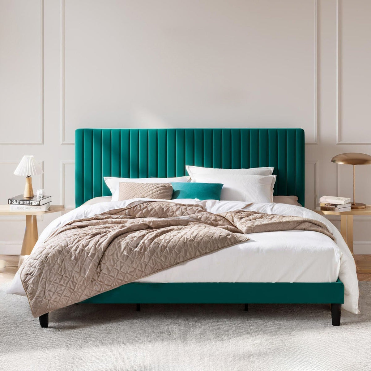 Velvet Wingback Platform Bed, No Box Spring Needed