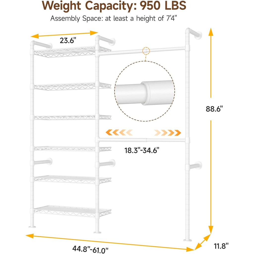 Industrial Pipe Wall Mounted Clothes Rack, 2 Rods 6 Shelves