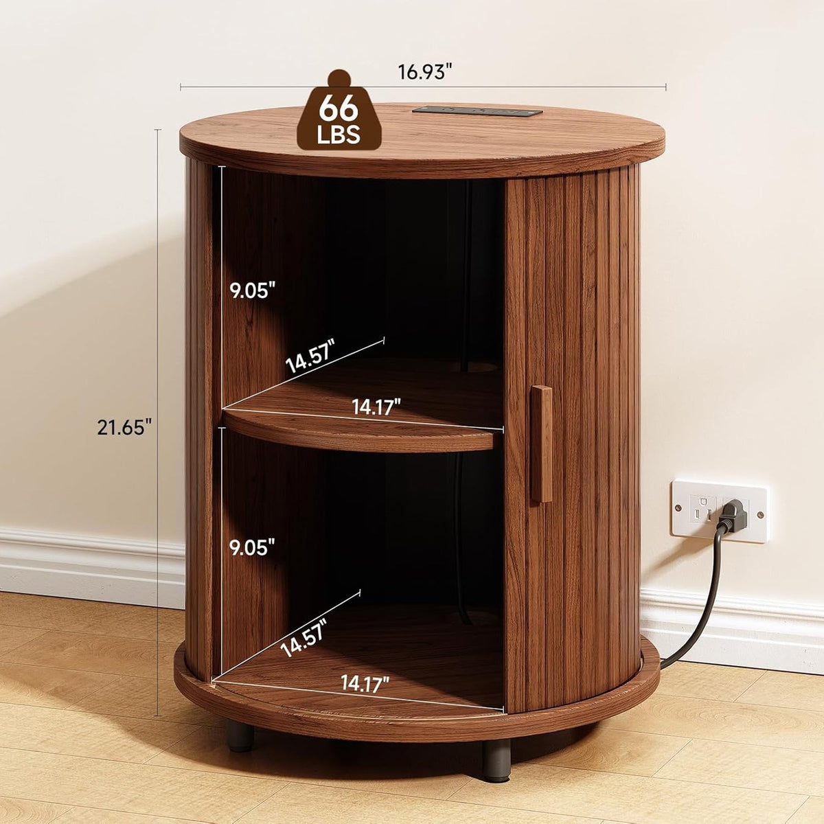 Round Nightstand Side Table with Sliding Tambour Door