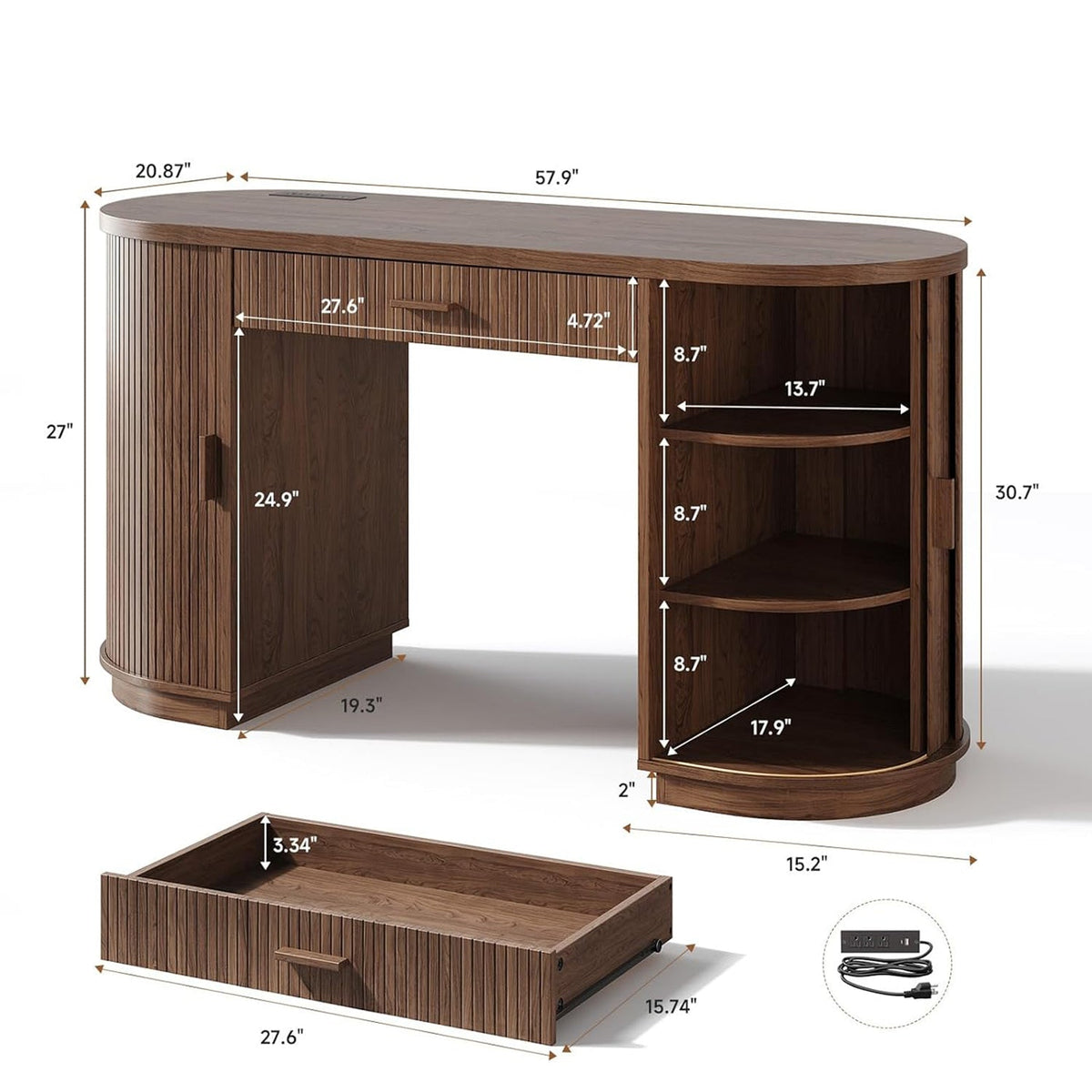 58 in Wood Executive Desk with Drawers and Charging