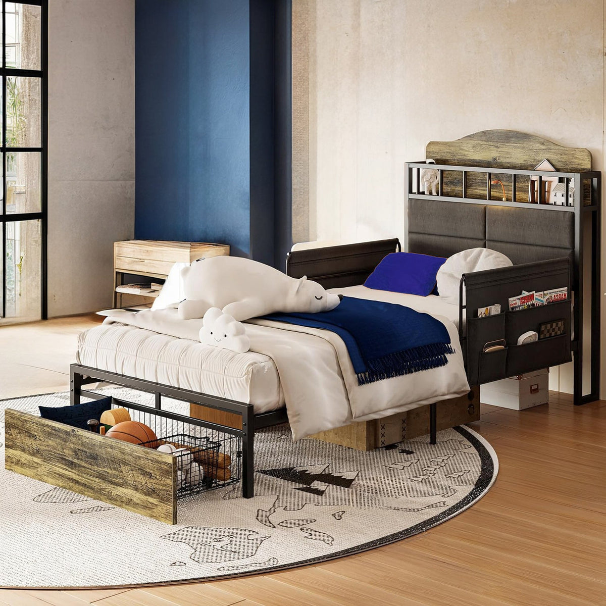 Twin Platform Bed with Drawers, Guardrails and Charging