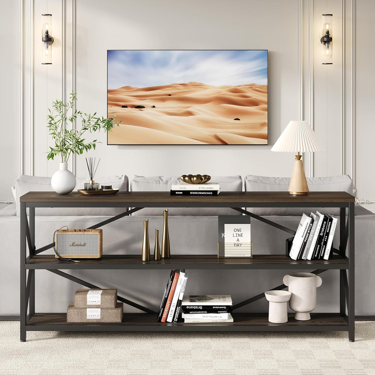 70.8 Inch Industrial Console Table with 3-Tier Shelf