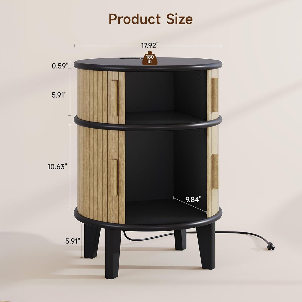Round End Table Nightstand with Charging Station