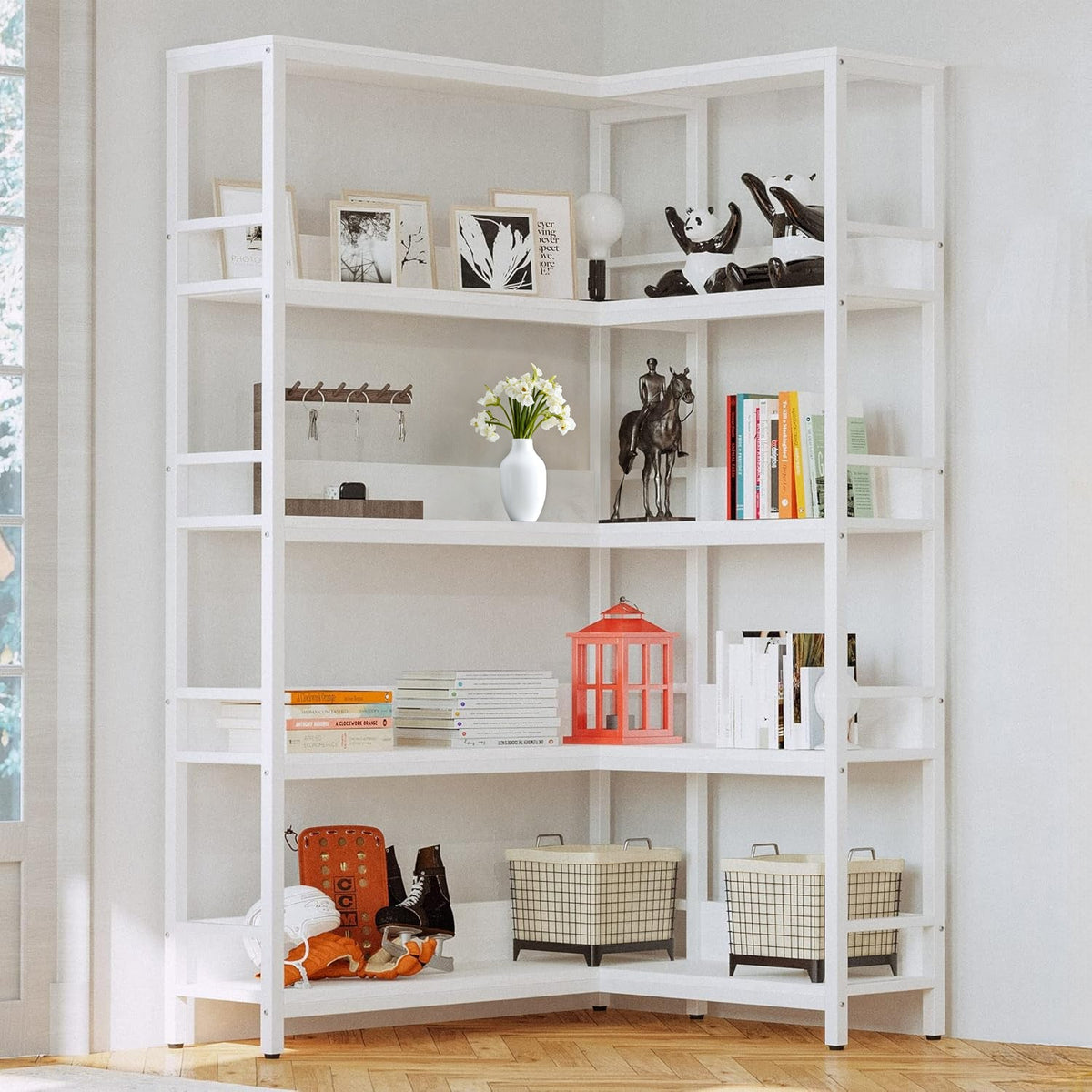 5-Tier Industrial Corner Bookcase with Metal Frame