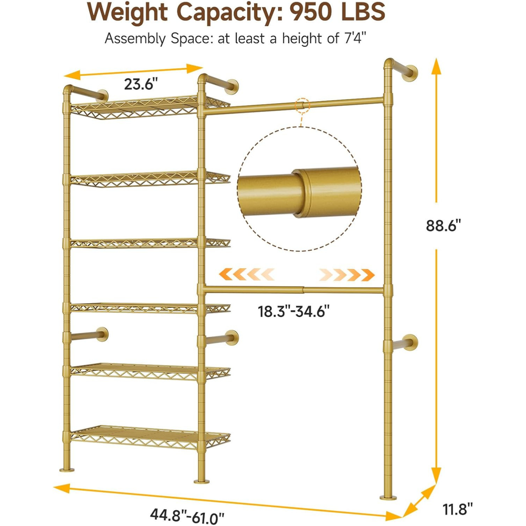 Industrial Pipe Wall Mounted Clothes Rack, 2 Rods 6 Shelves