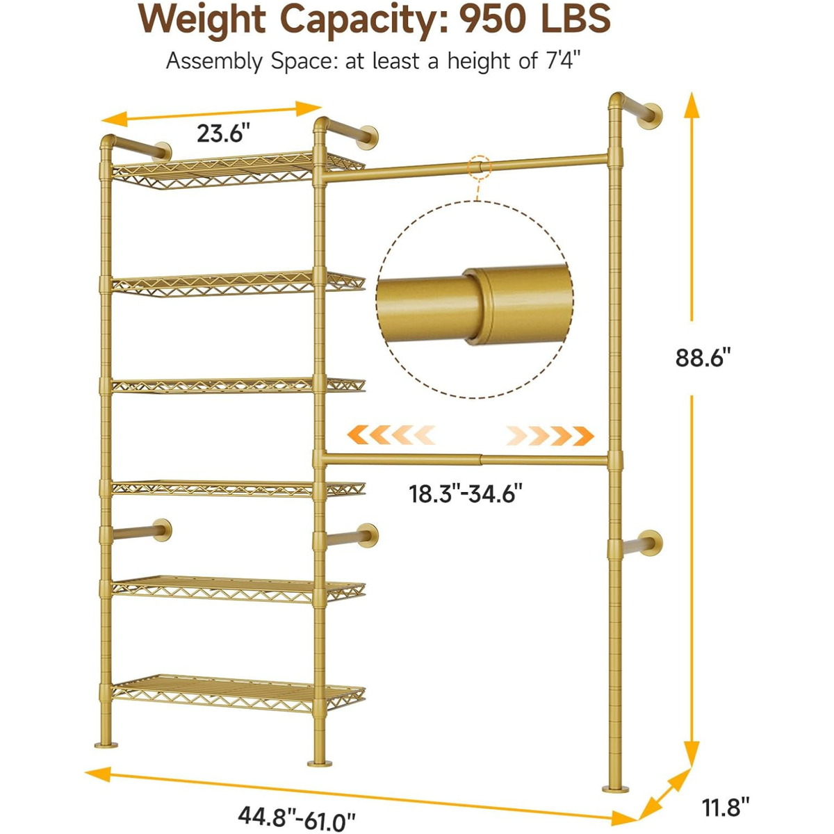 Industrial Pipe Wall Mounted Clothes Rack, 2 Rods 6 Shelves