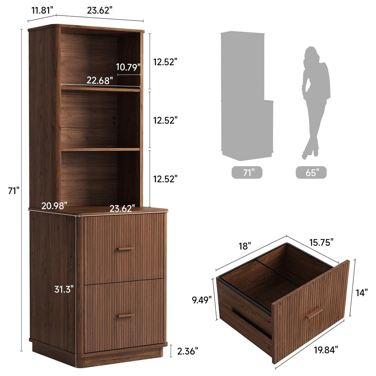 71 in Tall Fluted Bookcase with File Drawers