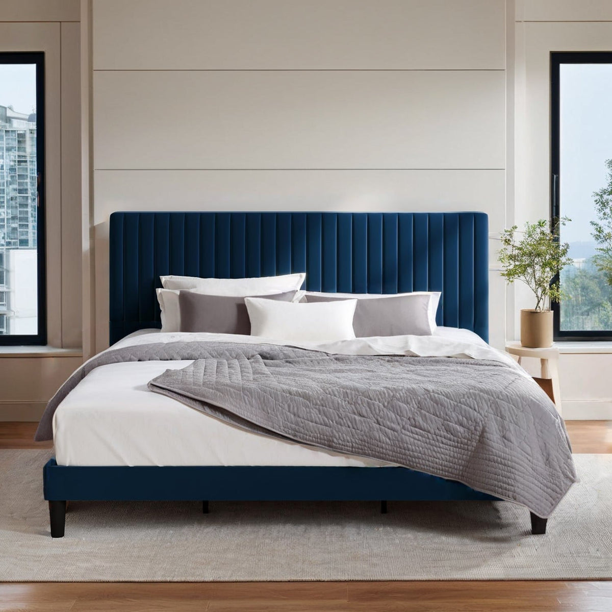 Velvet Wingback Platform Bed, No Box Spring Needed