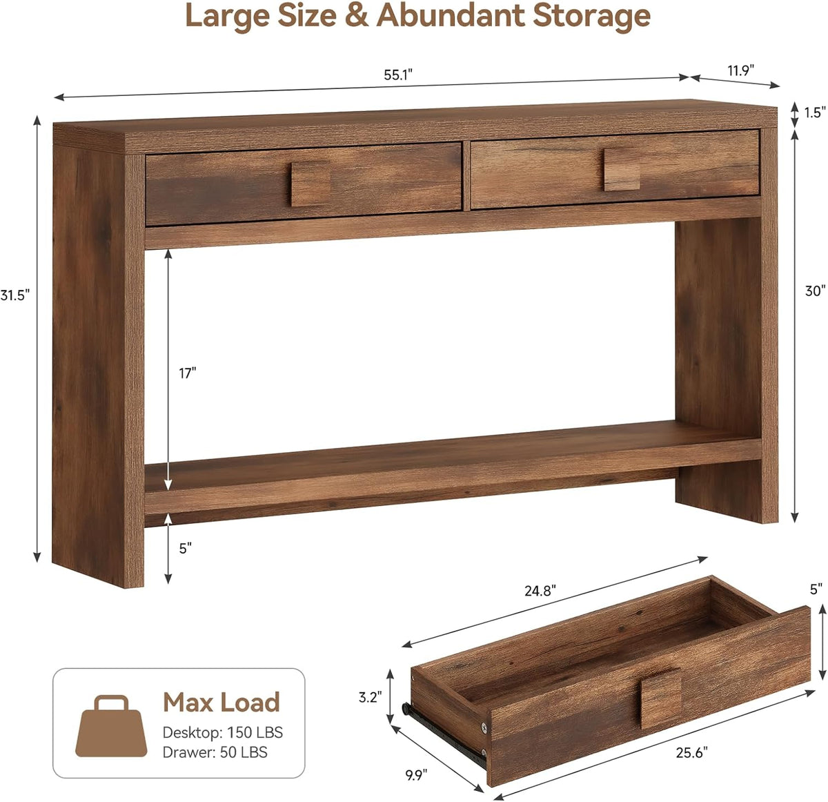 55 Inch Narrow Console Table with Drawers