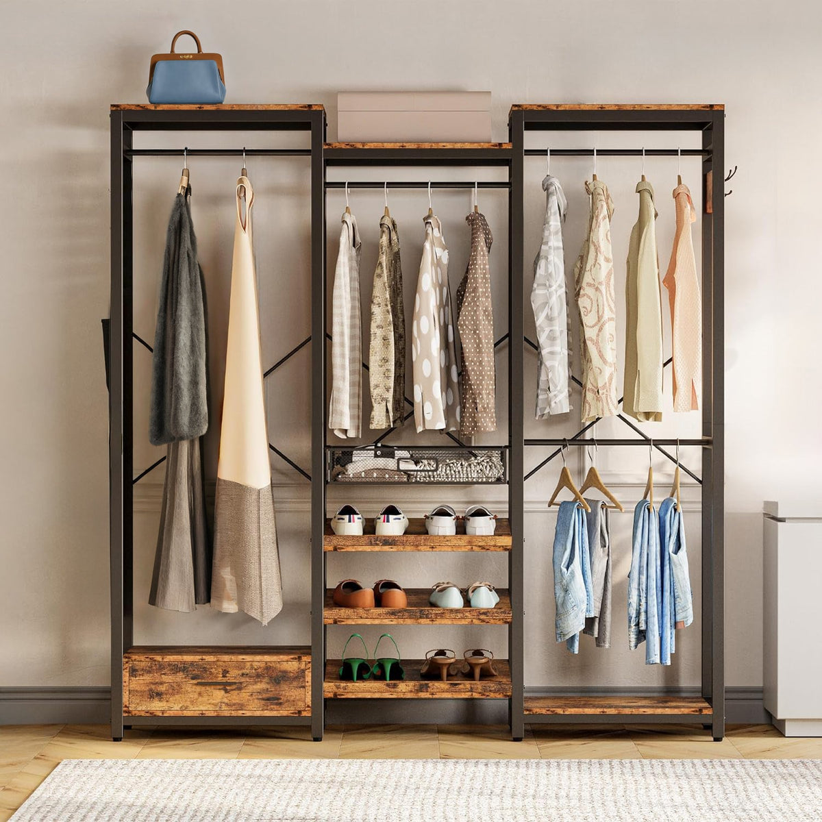 Garment Rack with Hanging Rods, Shelves and Drawer