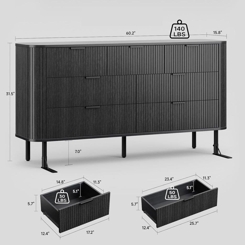 7-Drawer 60-Inch Fluted Dresser with Metal Handles