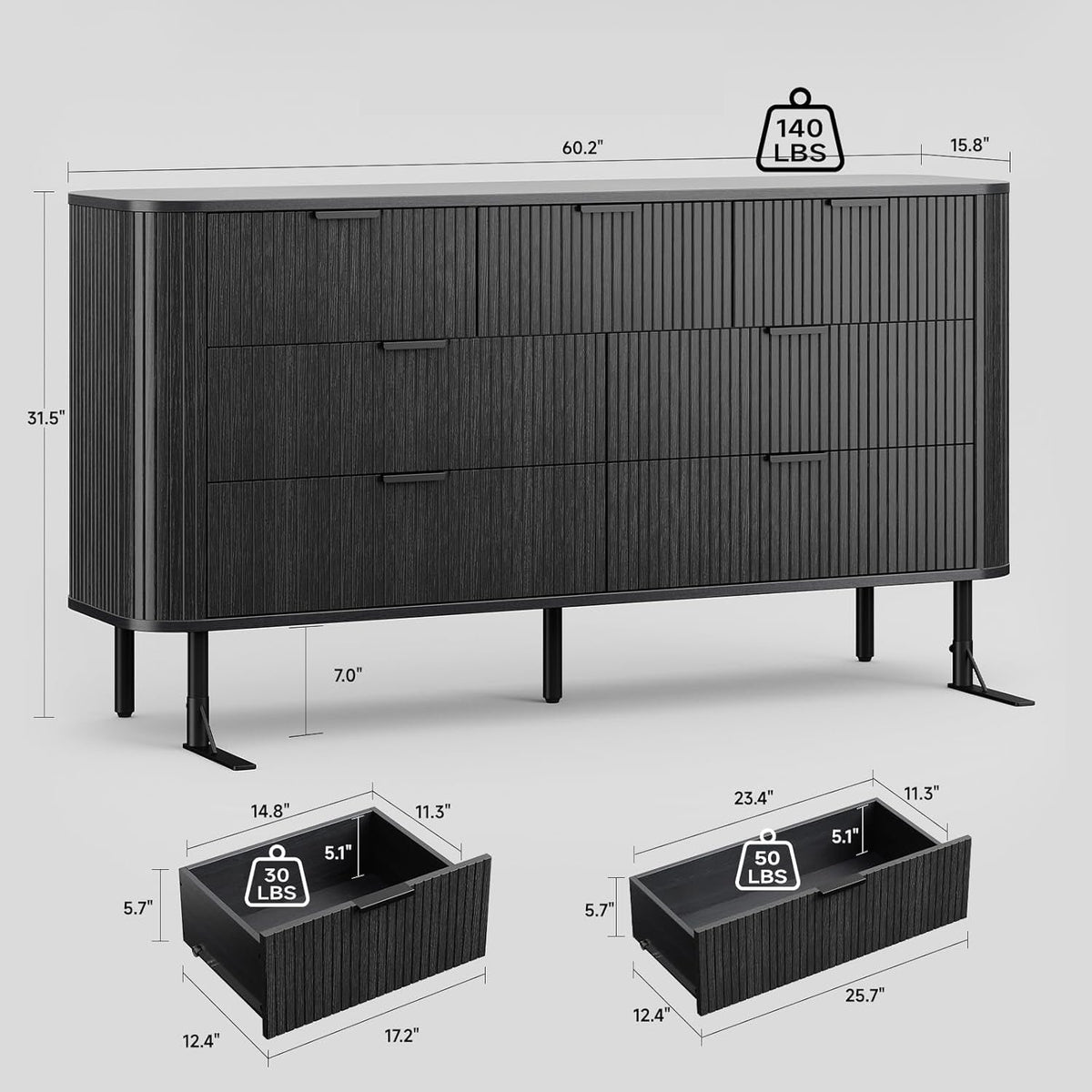 7-Drawer 60-Inch Fluted Dresser with Metal Handles