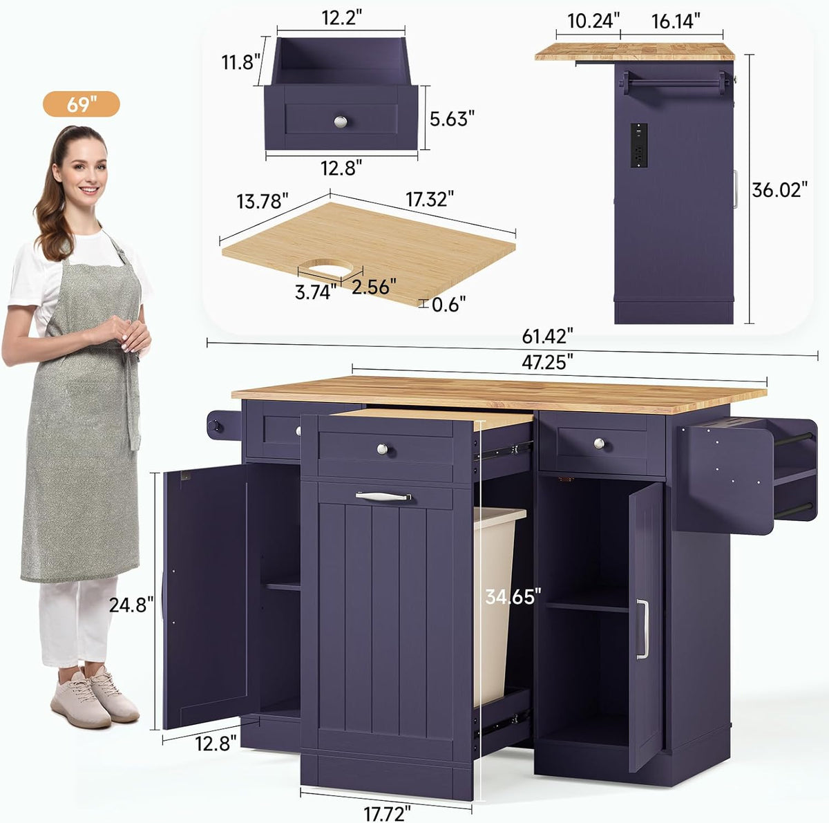 61 Inch Rolling Kitchen Island with Cutting Board