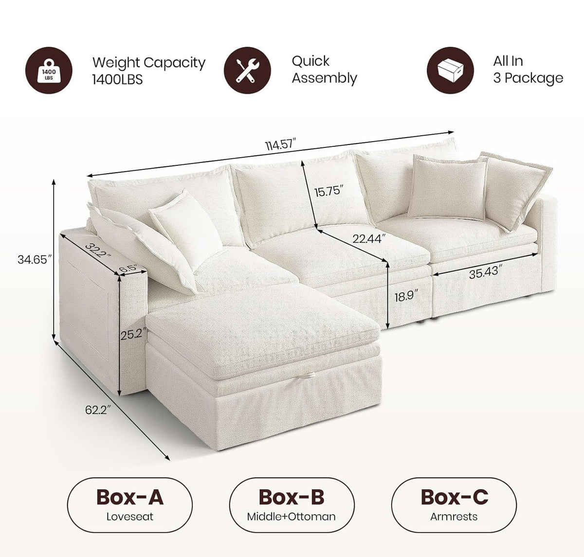 114 in Modular Cloud Sectional with Storage Ottoman